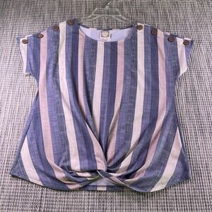 Trueself Womens Blue Tan White Striped Twist Front Button Shoulder Top Large